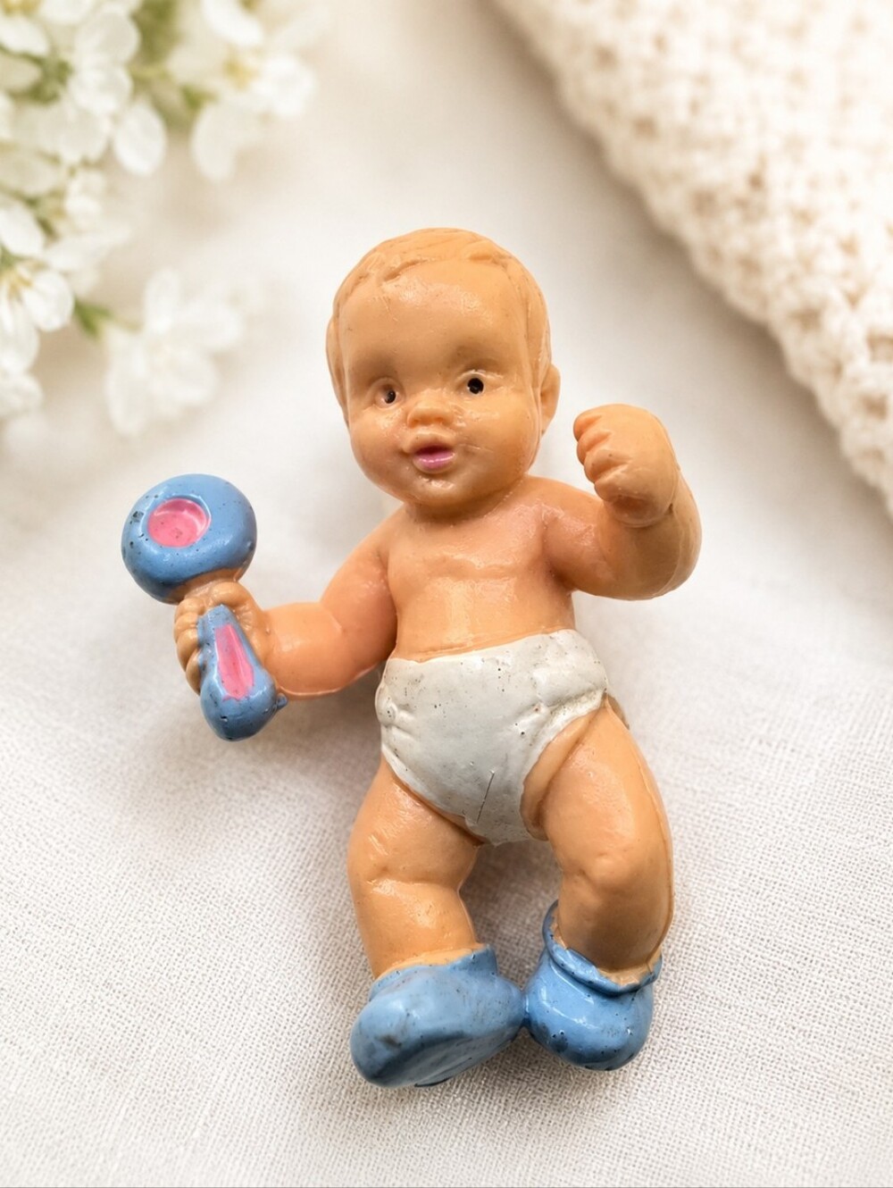 Vintage 1988 Bullyland Baby Toddler w/ Rattle PVC Figure Germany Blue Pink 2"